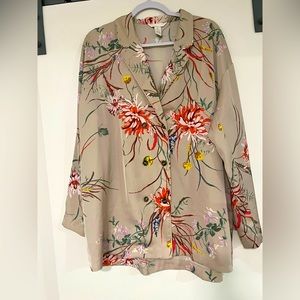 NEW H&M Silky Floral Kimono Blazer LARGE Tan Red Women’s Oversized Double Button